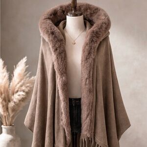 Faux Fur Trim Taupe Open-Front Fringe Poncho